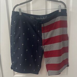 Travis Mathew Men's Navy and Gray Striped Swim Shorts